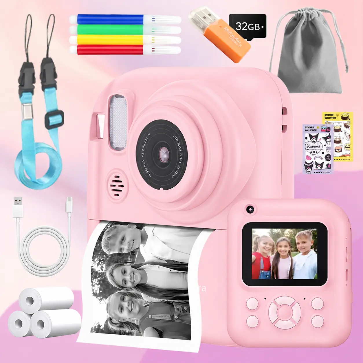 W&O Q1 Instant Print Digital Camera for Kids, Selfie Camera with Thermal Printing, 2.4" Screen, Front & Rear Camera, Video Playback, MP3, 32GB Card, USB-C Rechargeable, Birthday Christmas Holiday Gift for Boys & Girls