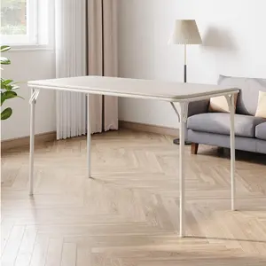 Folding Table 4 Foot with Upholstered PU Leather Tabletop, Heavy Duty Metal Legs, Collapsible Design & Shelf Bracket, No Assembly Required, Beige