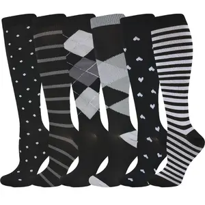 6 Pairs Calf Compression Socks for Men & Women – Quick-Dry, Moisture-Wicking, Anti-Slip Sports Socks for Running, Gym, Nursing & Everyday Wear, Stylish Dots Pattern Pastel Flower Floral Knee-High