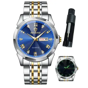 BINBOND Watches for Men Luxury Diamond Business Dress Stainless Steel Waterproof Luminous Date Two Tone Casual Wrist Watch 4121