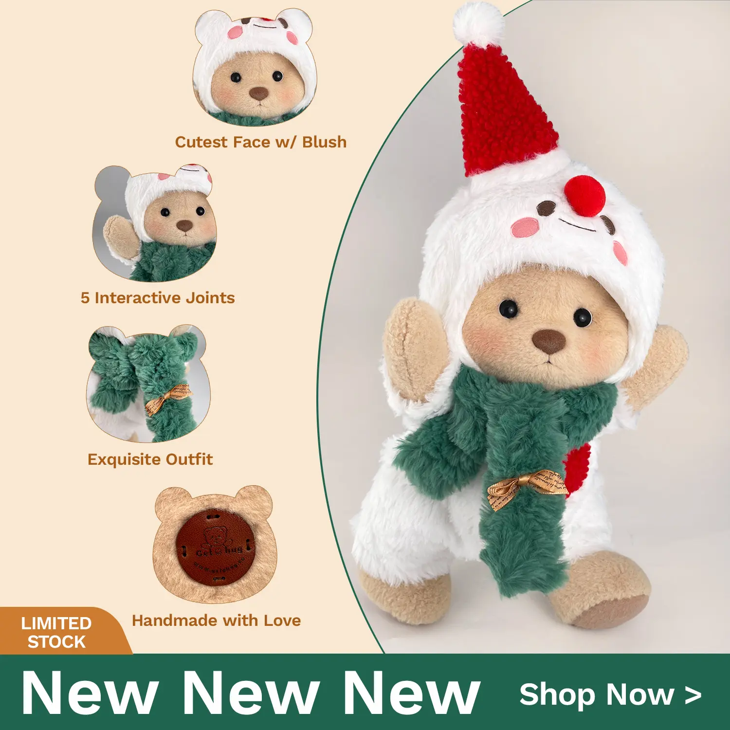 Getahug Snowman Bear - Handmade Jointed Huggable Collectible, Moveable Fluffy Plush Toy, Durable Soft Christmas Gift for Girls, Cozy Interactive Stuffed Animal, Moveable Stuffed Animal, Kawaii Stuffed Animal, Cute Toys