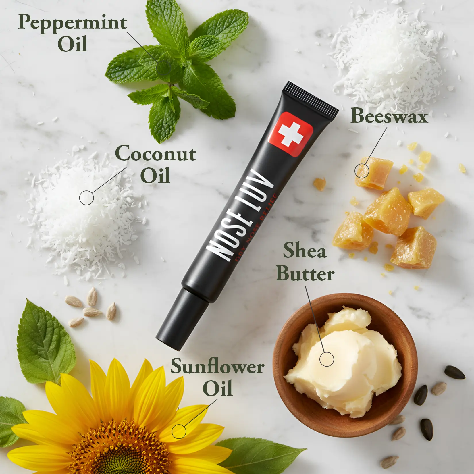 NOSE LUV, the 100% ORGANIC, non-toxic nasal-hydration balm with shea butter, coconut & peppermint oils for soothing relief from allergies, dry climates, CPAP irritation, air travel & Accutane dryness. Housed in an eco-friendly tube with a mess-free wand.