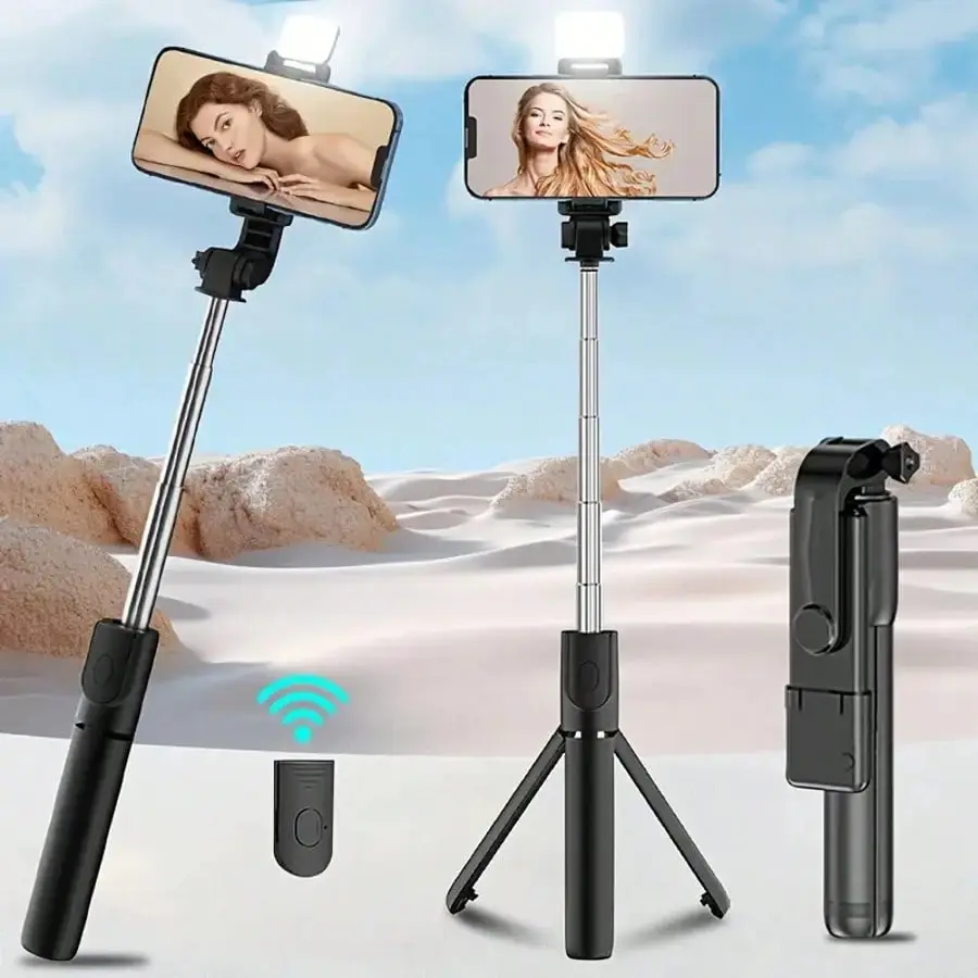4-in-1 Self-Stick Tripod - Mobile Phone Holder Selfie Accessories with Built-in Fill Light, Wireless Remote, 360° Rotatable Anti-Shake Holder, Portable Telescopic Camera Stabilizer, Compact Tripod for iPhone, Vlogging, Travel, 4-In-1 Self-Stick Tripod Sel