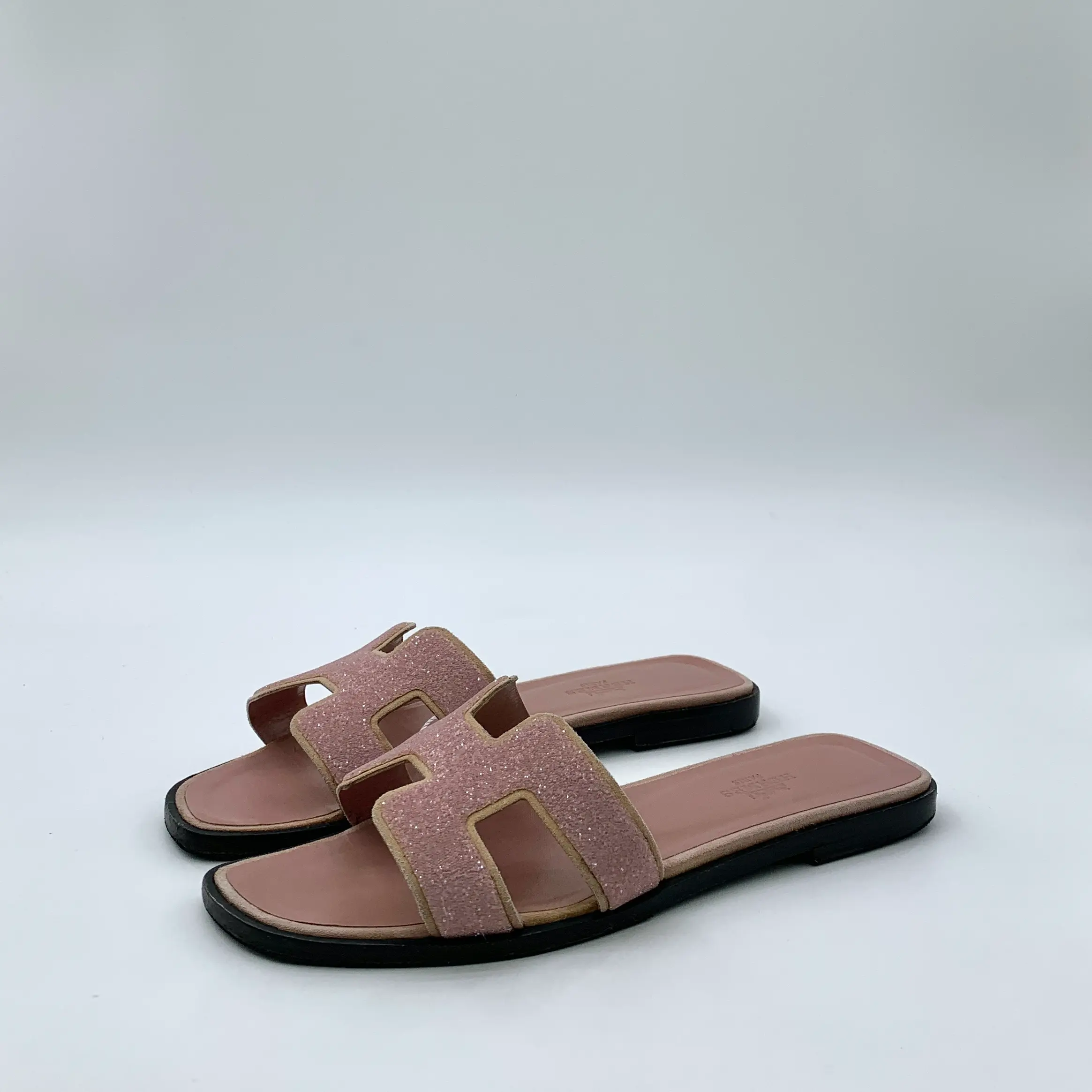 RDLT-Hermes Size 36.5 Pink H Crystal Flat Oran Slide Sandals-H35694