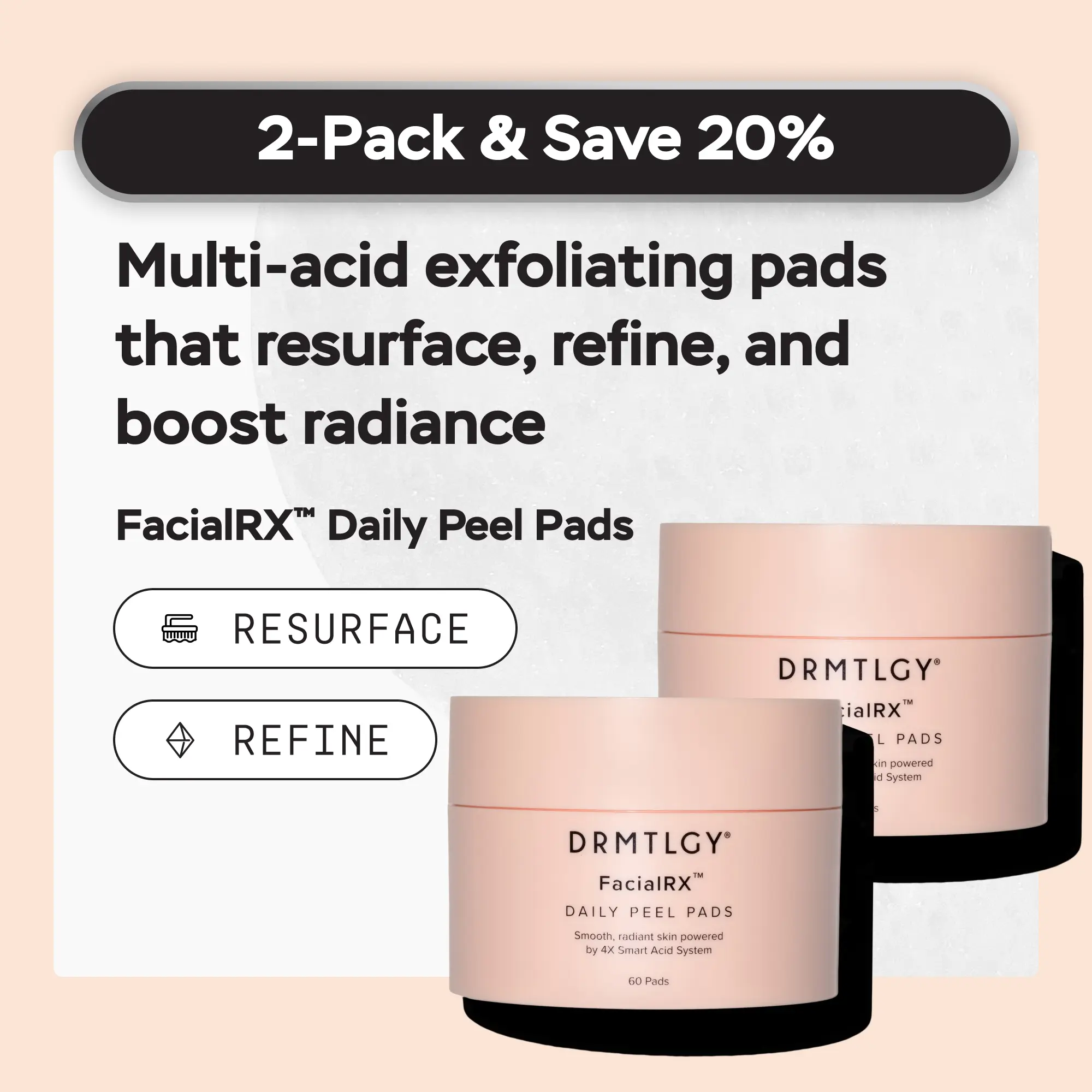 FacialRX Daily Peel Pads (2-pack) with Mandelic, Lactic, Succinic, and Salicylic Acid. Gentle Barrier-Friendly Exfoliating Pads