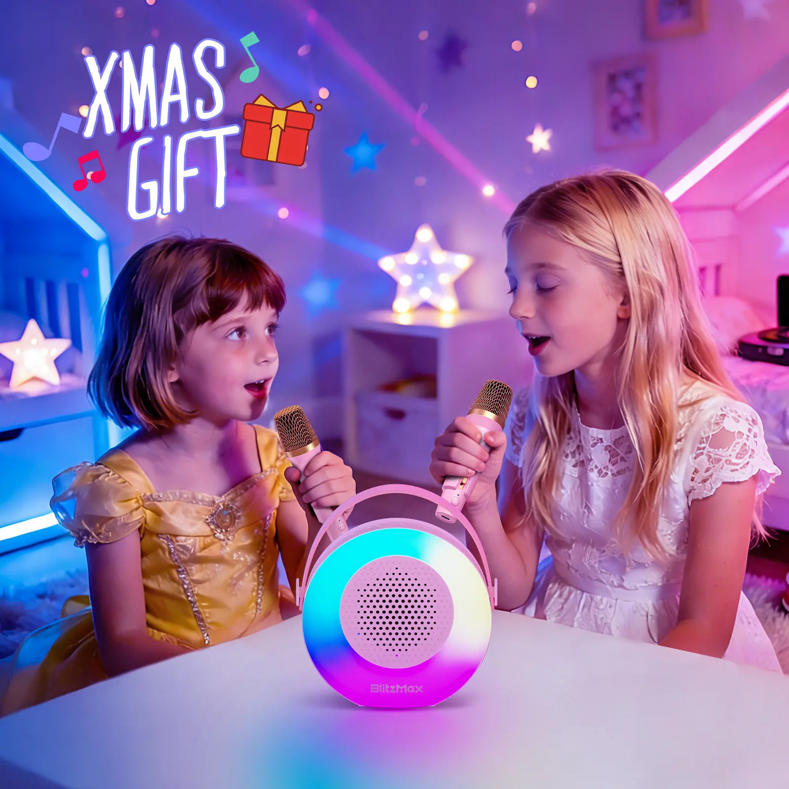 Kids' Compact Karaoke Machine - Mini Portable Bluetooth Speaker with 2 Wireless Microphones, LED Light, Lithium-Ion Battery, Interactive Toy for Kids & Adults, Great Gift for Birthdays & Home Parties