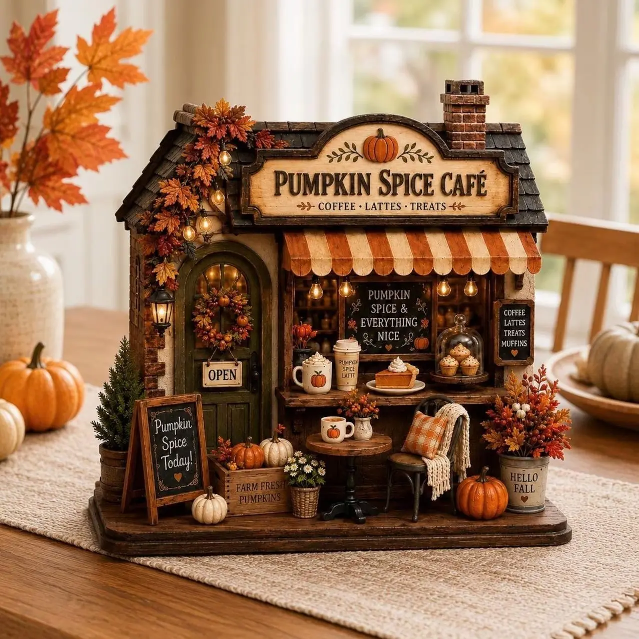Autumn Coffee Shop Wooden Block, Fall Café Shelf Decor, Rustic Harvest Village House, Cozy Thanksgiving Gift