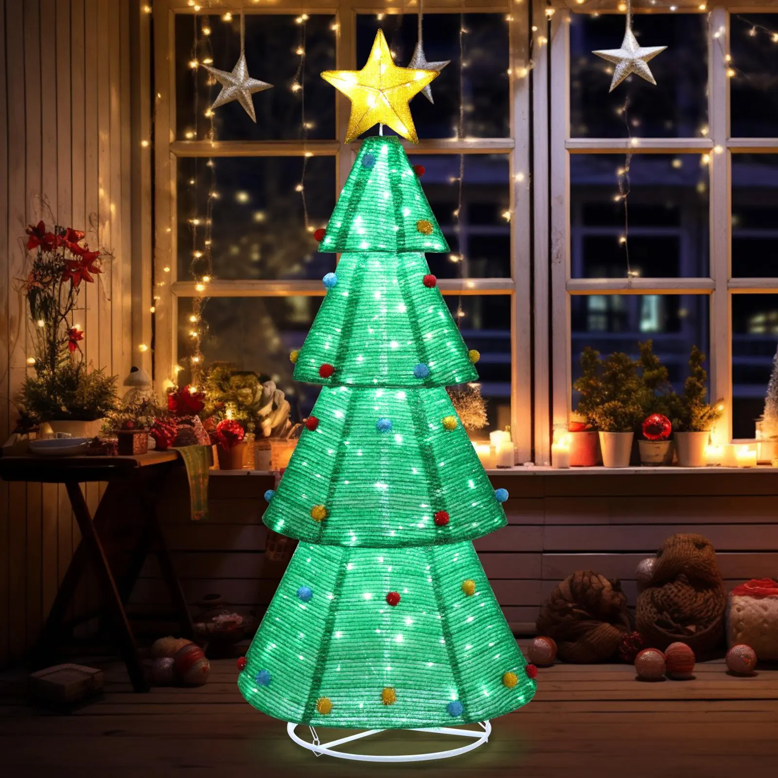 Magical 6ft Pre-Lit Pop-Up Christmas Tree, 200 LED Lights, Large Indoor-Outdoor Festive Home Party Decoration, Green