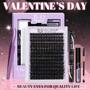 B&Q 200D Kit l Dramatic Soft Mega Volume Lashes,D-Curl, Updated Silk Protein Material Clusters,DIY Lashes Extension, Week Long Lasting Valentine Gif