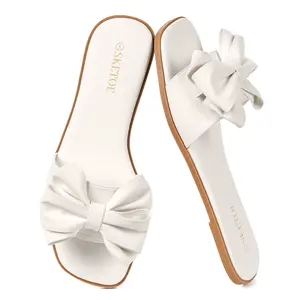 Women's Bowknot Design Slip on Flat Sandals Square Toe Flat Sandals for Beach Vacation  Lightweig SummerVibesht Breathable Sandals Daily Wear Cute Sandals