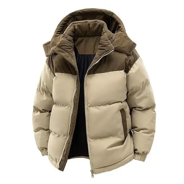 Men's Corduroy Color-Block Hooded Cotton Coat - Thick, Warm, Cold-Resistant Menswear Top with Long Sleeve, Casual Outerwear for Commuting, Outdoor Activities, Coats, Tops, Stylish