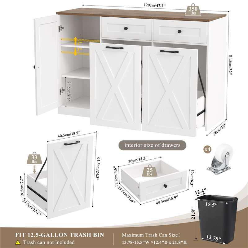 HOSTACK 12.5 Gallon Kitchen Trash Cabinet, 47" Double Trash Can Cabinet, Large Pull Out Can Storage Drawers, Wood Farmhouse Hidden Garbage Storage Buffet for Kitchen, Trash can not included