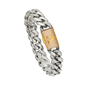 Silver Stainless Steel Cuban Link Bracelet for Men, 14mm Heavy Chain with Gold A–Z Initial Letter Clasp, Hip Hop Gothic Punk Style, Personalized Statement Bracelet Gift for Him