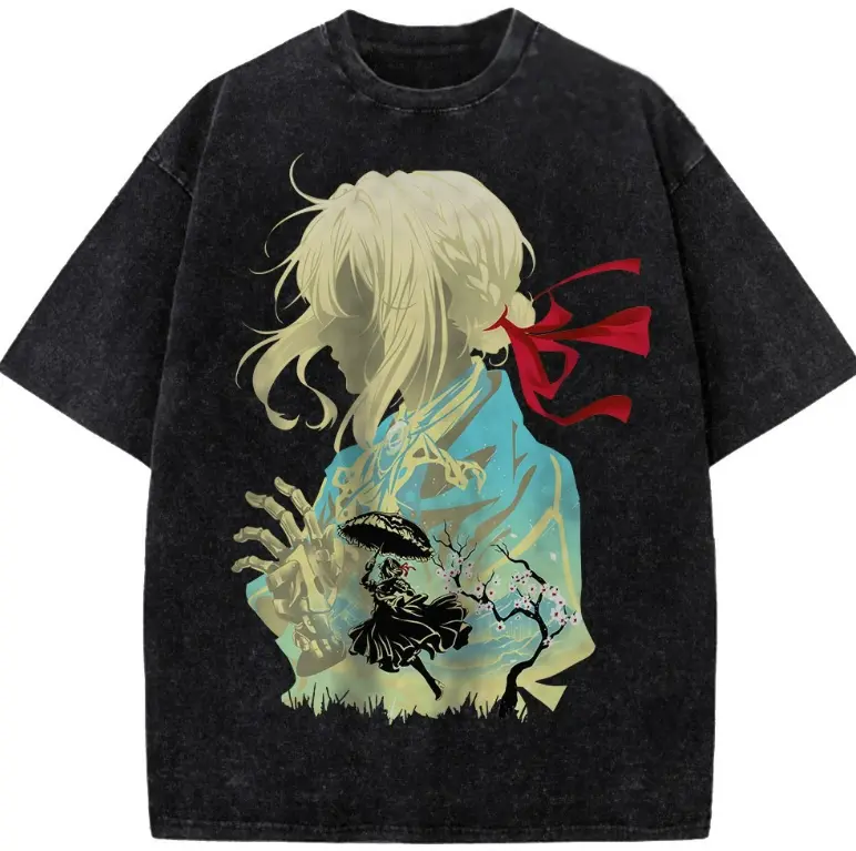 Violet Evergarden Shirt, Retro 90s Anime Streetwear, Vintage Violet Evergarden Anime Graphic T-Shirt, Classic Anime Protagonist Silhouette Unisex Cotton Crewneck T-Shirt Menswear Womenswear Streetwear Top