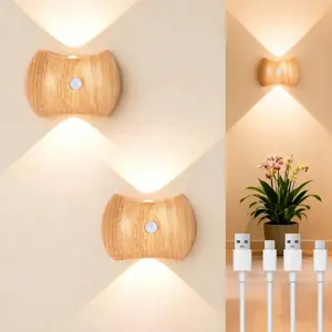 Motion Sensor Wall Lights Indoor - Rechargeable Wall Lights Up & Down, Wireless Battery Operated Wall Sconce Set of 2 for Bedroom, Hallway, Stair, Living Room Decor, Wood Cordless Magnetic Lamp Light