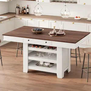 60-Inch Counter Height Dining Table for 4 - Farmhouse Rectangular Bar Table with Wine Rack & Shelves - Retro White & Brown Finish