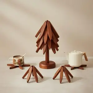 Natural Tree Trivet Set - 4 Wooden Trivets & 1 Stand - Heat-Resistant Foldable Design - Durable & High-Quality Solid Wood - Ideal for Hot Dishes, Pots, Bowls, Teapots - Kitchenware & Tableware Coasters