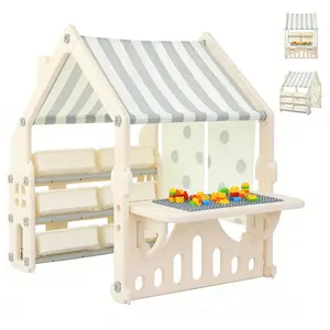 Kids Playhouse with Building Block Panel and Categorized Storage Compartments, Featuring Roof and Curtains Indoor Play Storage for Toddlers, Packed with Creative Fun Shelves & Racks Khaki