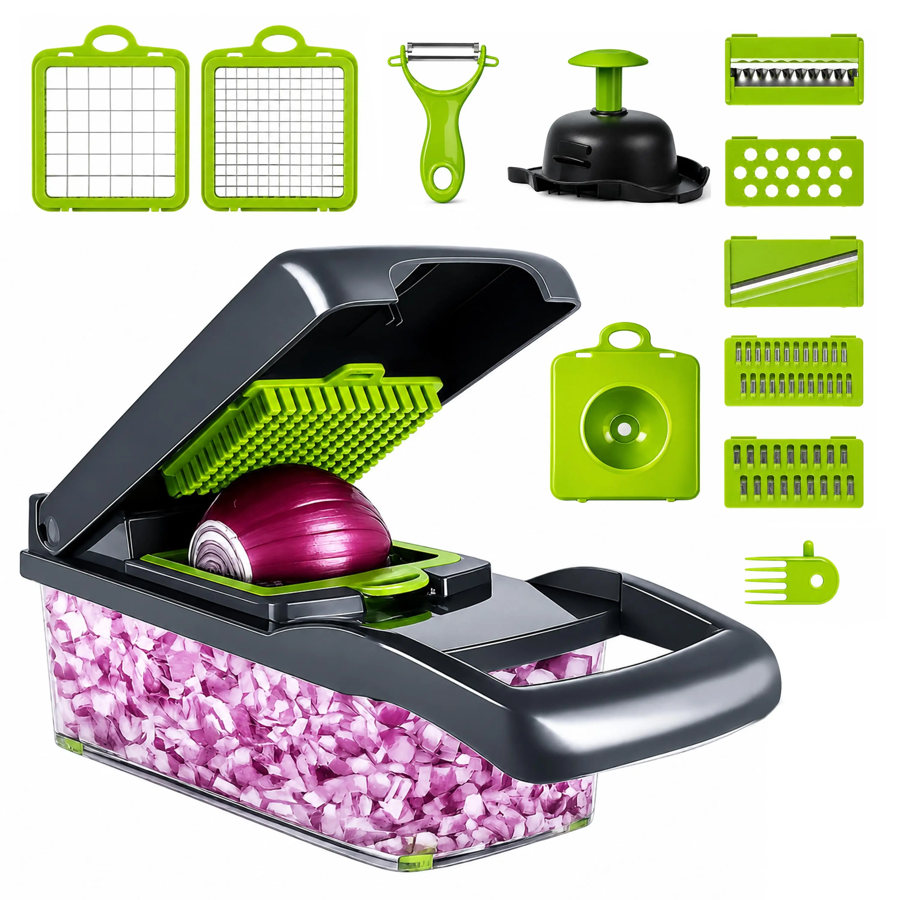 Hand Press Vegetable Chopper with 7 Stainless Steel Blades, Heavy Duty Kitchen Utensils, 1.5L Transparent Container with Lid & Cover, Onion Dicer, Mandoline Slicer, Julienne Cutter, Grater, Egg Separator - for Vegetables, Fruits, Smooth, Vegetable Grater