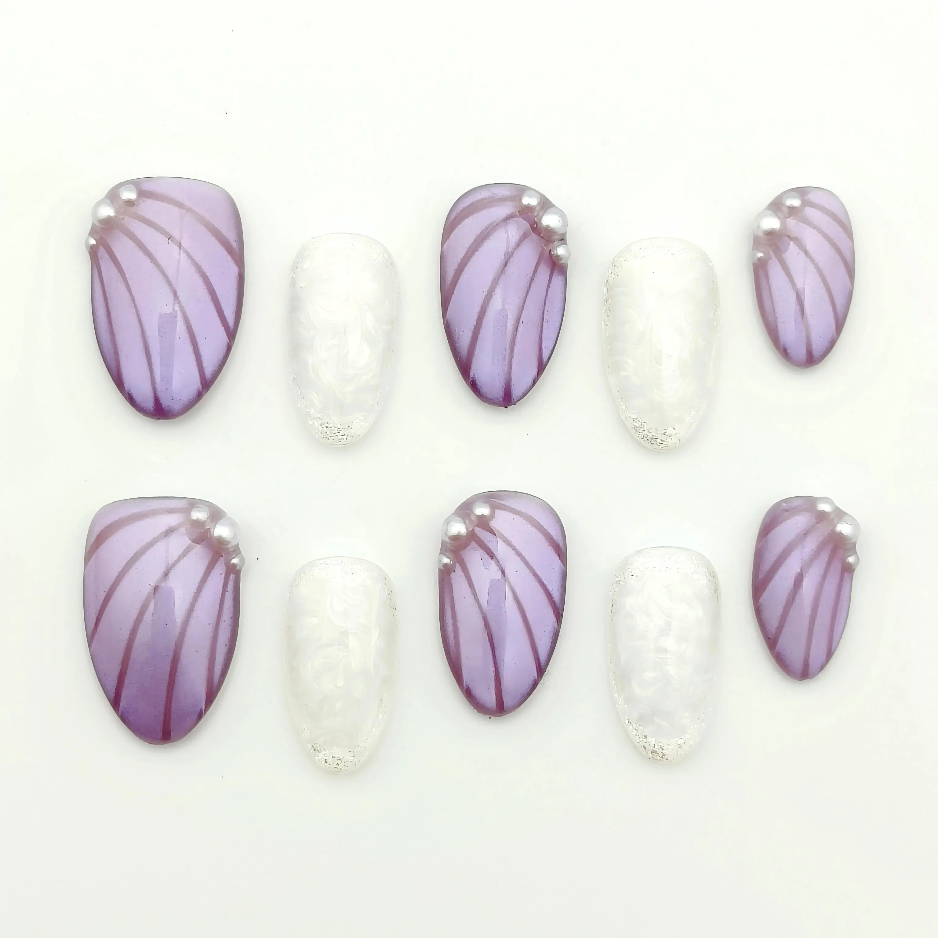Moonovate | LAVENDER SHELL 10pcs Handmade Press On Nails Almond Nails REUSABLE 3D Gel Fake Nails Acrylic Press On Nails											