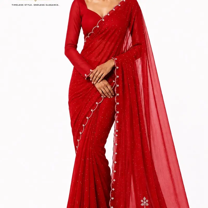 Handmade Boutique Saree with Stitched Blouse Womenswear Long Sleeve Vneck
