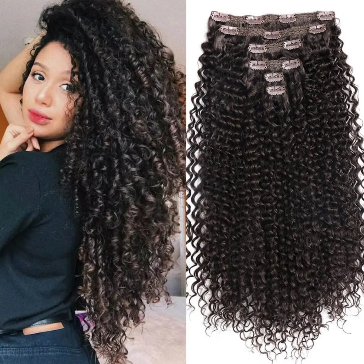 Jerry Curly Clip-In Hair Extensions for Women, 26 Inch Synthetic Ice Silk Hairpiece for Full Head, Double Weft, Black Brown, 160g, Synthetic Hair Wig Loose Deep Wave, Clip Hair Extensions