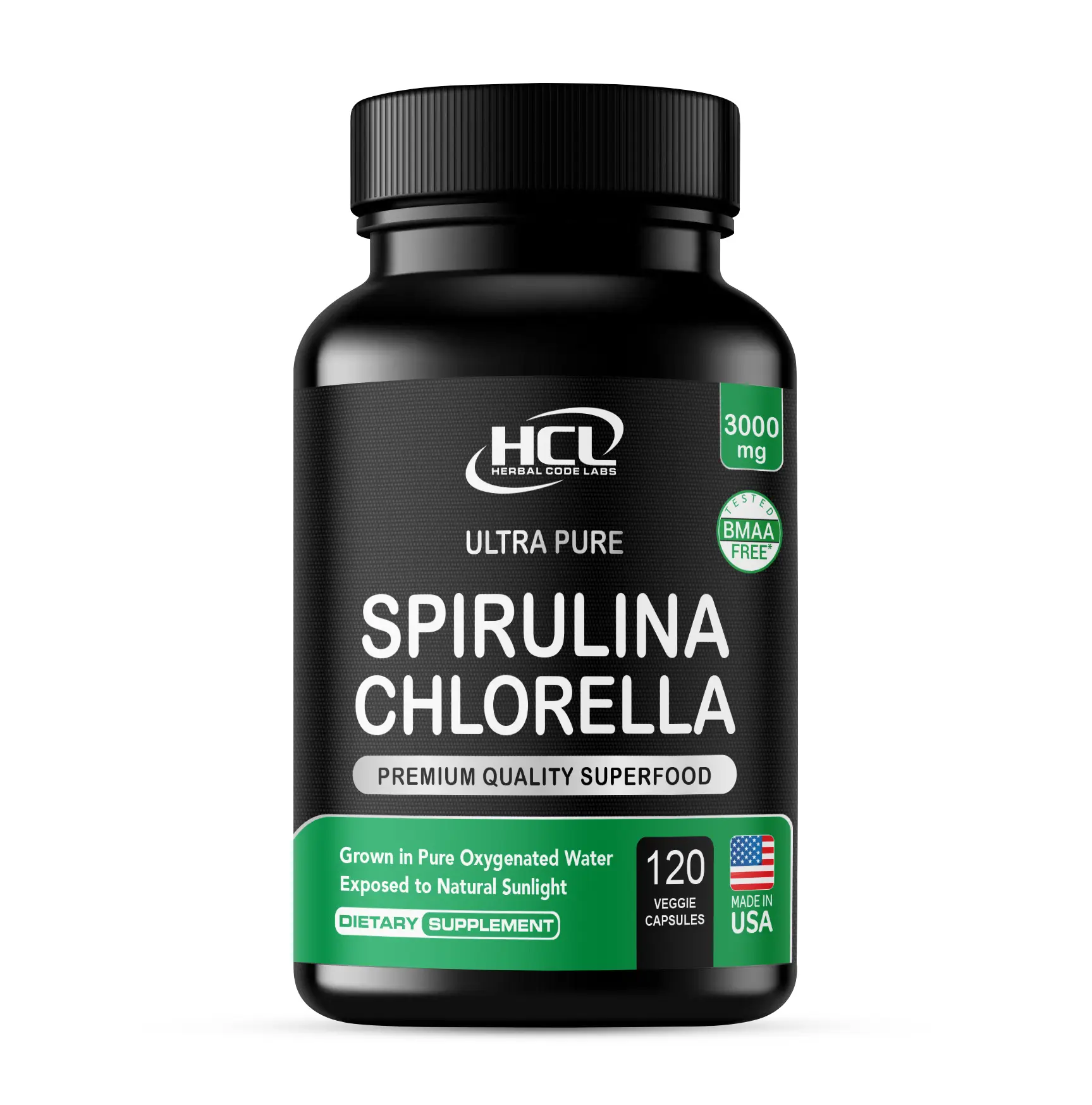 HCL Herbal Code Labs Spirulina Chlorella 3000mg Ultra Pure Superfood Complex 120 Veggie Capsules Non-Irradiated USA Grown BMAA-Free