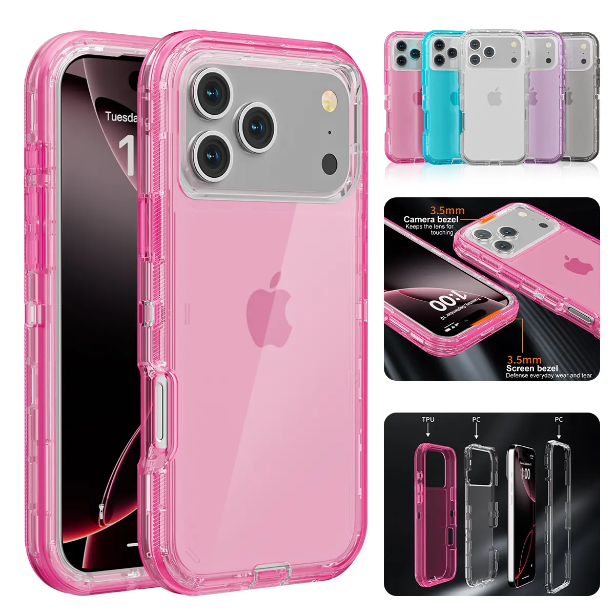 NUYETE 3-Layer Shockproof Clear Case for iPhone 17 Pro Max 17 Air 16 15 14 13 12 Pro Max, Heavy Duty Defender Transparent Military-Grade Drop Protection Cover,back to school,back to school haul