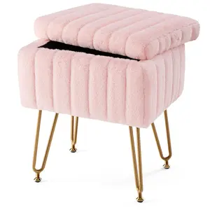 【Deal】Vanity Stool Chair with Storage, Ottoman Faux Fur Soft Padded Makeup Footstools Seat with 4 Metal Legs Anti-Slip Adjustable Feet