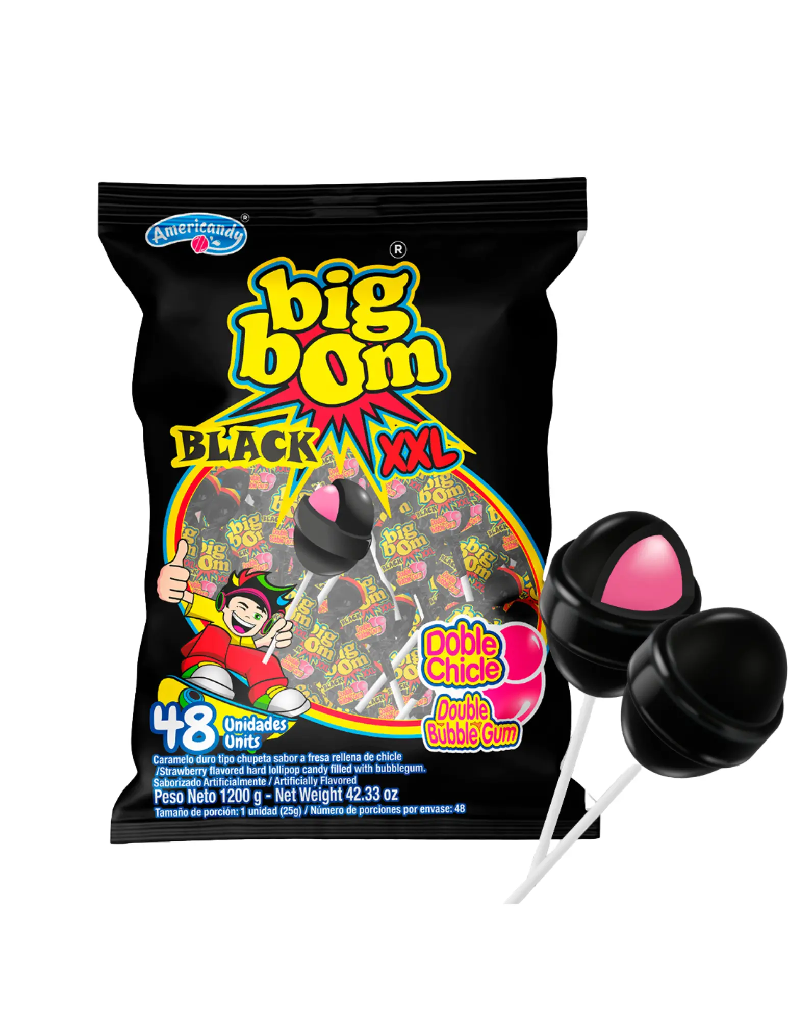 Americandy XXL Lollipops, Black,  Strawberry Flavor