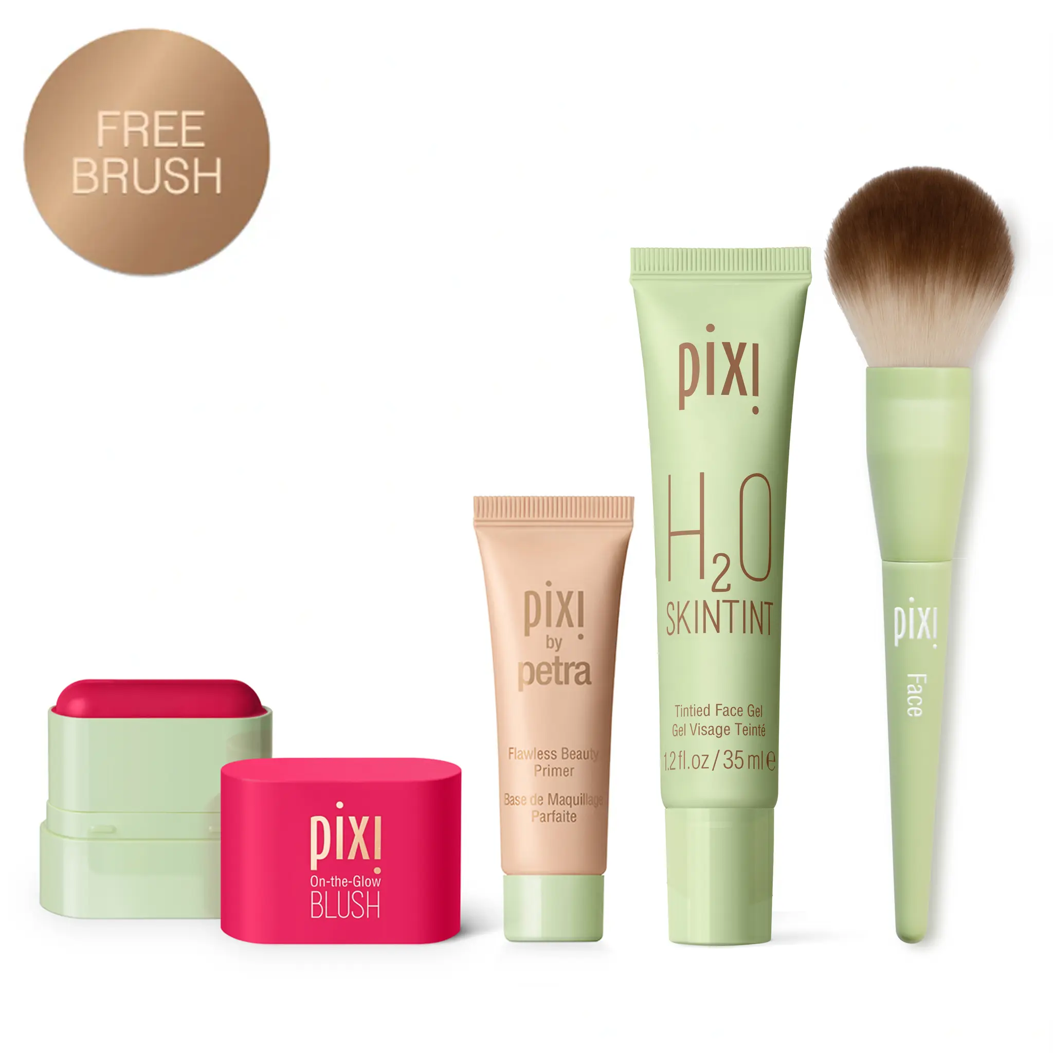 Pixi Mini Complexion Besties - Ruby Travel Size Makeup Set: Free Fluffy Face Brush, Gel Hydrating Primer, Hyaluronic H2O Skin Tint, Tinted On-the-Glow Blush Petite Stick for Flawless, Even, Lightweight Coverage Dewy Skin