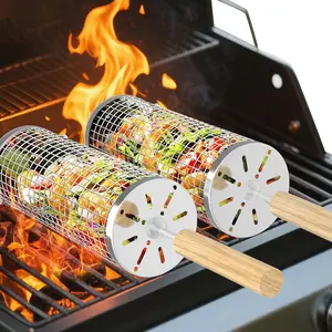 Rolling Grill Basket, Removable Wooden Handle, 304 Stainless Steel, Nesting Grilling Net, BBQ Accessories Tool for Vegetable Shrimp, Outdoor Cooking Camping, Christmas Birthday Gifts for Men Dad Husband, Detachable, Portable
