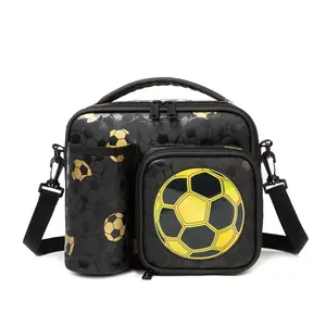 Golden Soccer Lunch Box for Boys, Heavy Duty Insulated Lunch Bag with Bottle Holder, Machine Washable Leakproof Champion Meal Tote, Cute Athletic Soccer Gift for Elementary Middle School