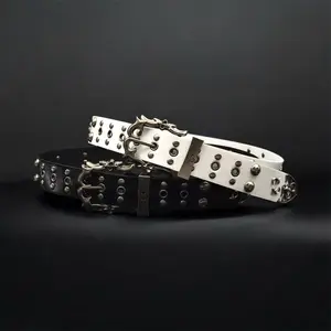 VirtusNoir Y2K Studded Belt Unisex Metal Grunge Accessory with Unique Studs and Buckle Design White PU Leather Style for Men & Women