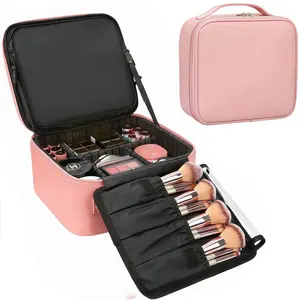 Makeup Bag and Light Travel Makeup Train Case Cosmetic Bag Organizer Portable Artist Storage Bag with Adjustable Dividers Makeup Brushes Storage Organizer