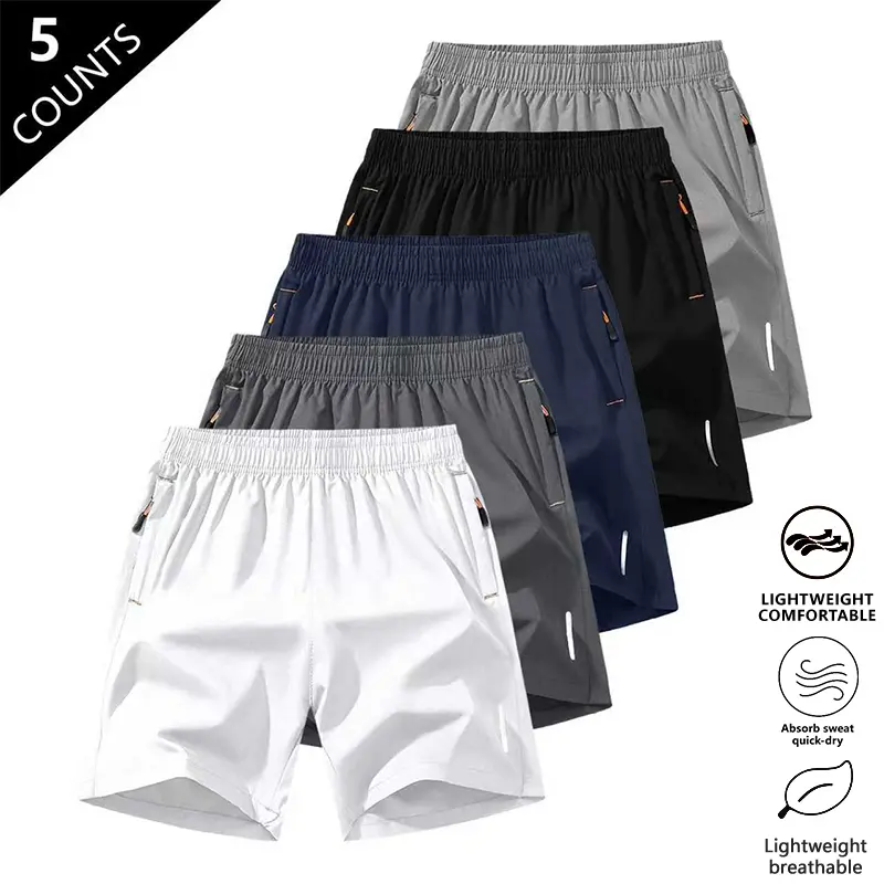 Men's 5-Pack Quick-Dry Tech Athletic Shorts - Fitted Cut, Above Knee, Solid Tropical Beige, Zipper Pocket, Lightweight Gym Shorts, Comfortable Breathable, Summer Casual Everyday Bottoms, Stamp, Sneakers Pairing Suggestion, Athletic Shorts Casual