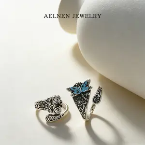 AELNEN Silver-Tone Enamel Butterfly/Dragonfly Adjustable Rings - Intricate Floral Pattern Statement Rings - Vintage Style Jewelry - Gift for Her