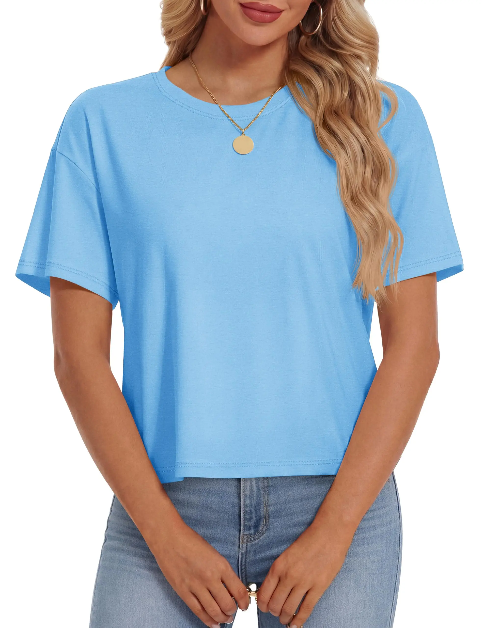 YUCOLEN Women's Solid Boxy Crop Top, Short Sleeve Cotton-Blend UPF 50+ Sun Protection Workout T-Shirt, Shortsleeve, Everyday, Outdoor, Crop Tops, Sporty Chic, Casual Ootd, Wardrobe Staples, T Shirts, Workout Tops