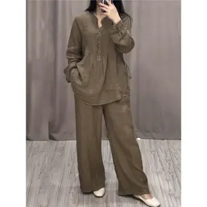 Women's 2 Piece Set Fashion Office Lady Cotton Linen Long-sleeve Casual Loose Wide-leg Pants Suit 2024 Spring Autumn Women Sets