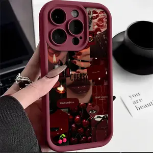 Dark Cherry Collage Phone Case With Lanyard Aesthetic Red Lips Pattern for iPhone Samsung 17Pro Max Air 16 15Plus 14 13 12 11 XR XS Galaxy S25 S24 S23 S22 A71 A56 A55 A54 A53 A52 Ladder Lens Protection Shockproof Cool Girl Gift.NN112
