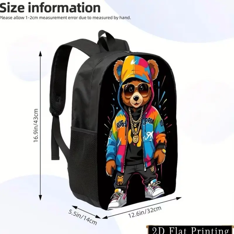Bear Printed Backpack Cool Colorful Bear Pattern Unisex Casual Daily Lightweight Travel Polyester Backpack for Outdoor University Hiking Camping with Adjustable Strap Zipper Closure 2D Flat Printing