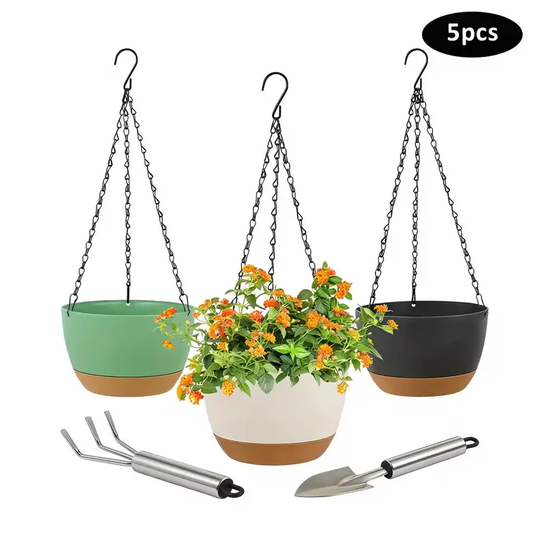 High-Quality Hanging Plant Basket Set - 5 Packs (3x8in Hanging Pots Each) with Drainage Holes, Chains, Removable Pot Trays, 2 Shovels, Durable Lightweight Outdoor Planters, Garden Accessories, Plant Hanger for Indoor Garden Decor, Succulent-Ready Gift