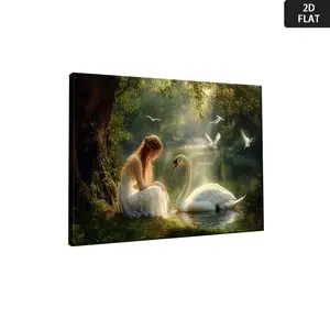 2D Flat, 2D Flat A Wooden Frame Painting A Young Woman in a White Dress Crouches Down to Pet The Swan Canvas Wall Art with Wood Frame - Classic Decor for Living Room Bedroom Or Office - Ready to Hang Perfect Gift Idea, 2D Flat, Perfect for Room Dec