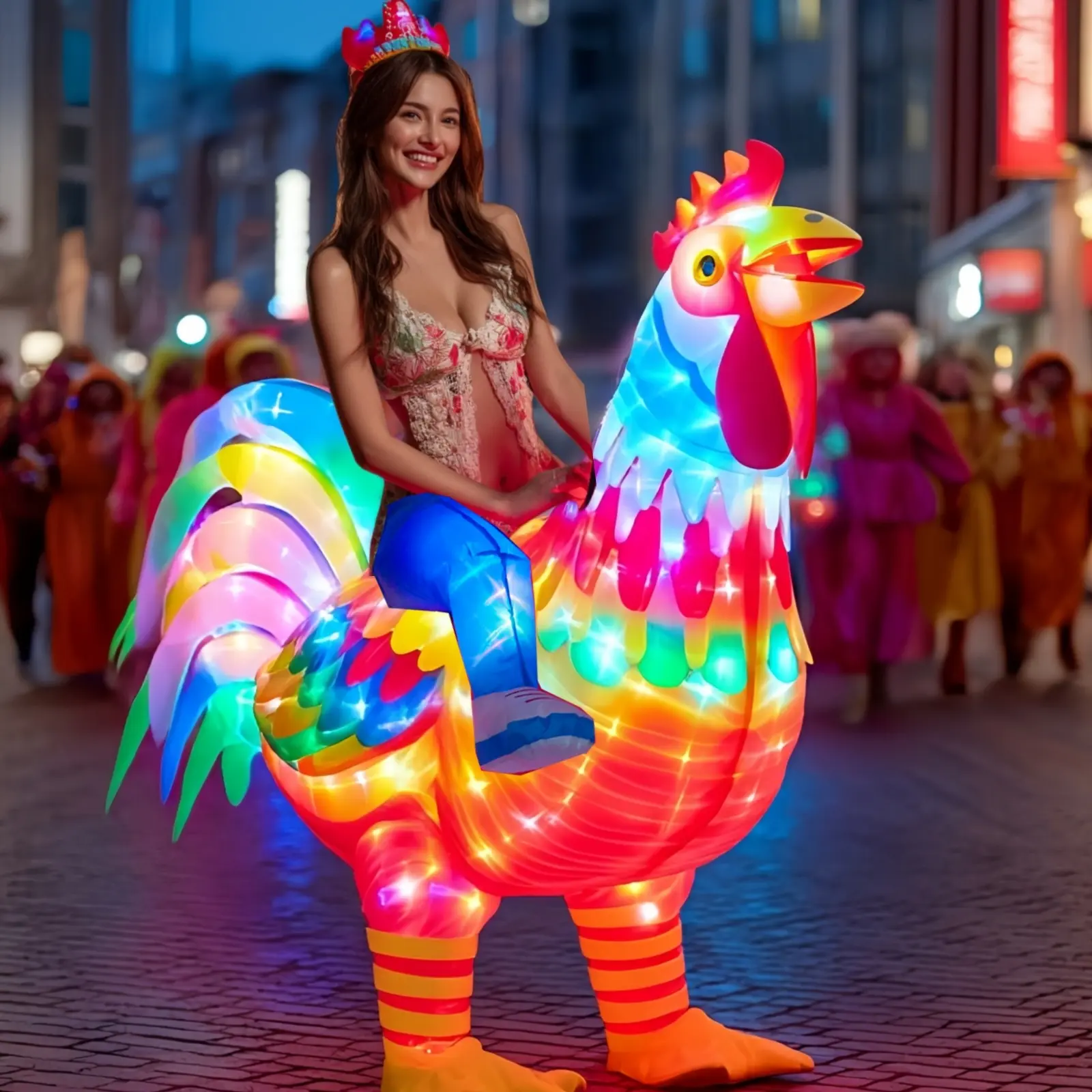 Women's Adult Inflatable Ride-on Rooster Costume Clothes - Polyester, LED Lights Glow-in-the-Dark, Halloween Birthday Party Accessories