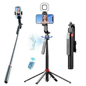 360° Rotatable Selfie Stick Tripod, Rechargeable Smart Face Tracking Tripod with Light,No App, Auto Face Tracking Phone Holder for Vlog, Live Streaming, Rotating Stand, Vlogging Kit for iPhone/Android