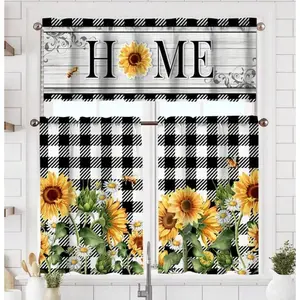 1/2 Panel Sunflower Kitchen Curtains Short And Valance Set Black And White Buffalo Plaid Floral Dining Room Fabric Curtain Drapes Spring Summer Flowers Home Decor