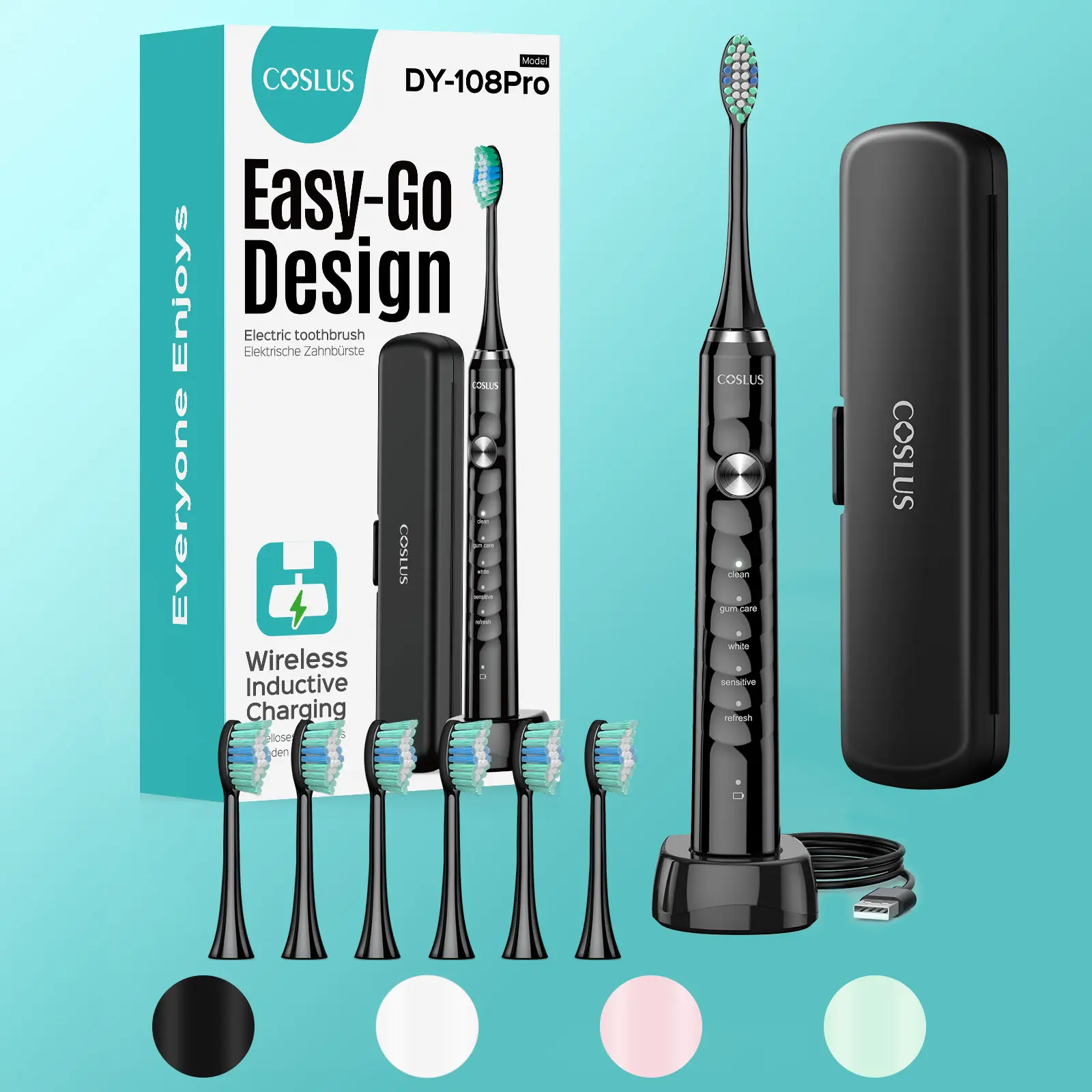 COSLUS Sonic Electric Toothbrush for Adults (C40/DY-108Pro) - 47000 VPM, 5 Modes for Sensitive Teeth & Braces, Wireless Charging, 6 Brush Heads, Travel Case, Storage Solution, Oral Cleansing, Whitening Teeth, Timer, Back-to-School Essentials