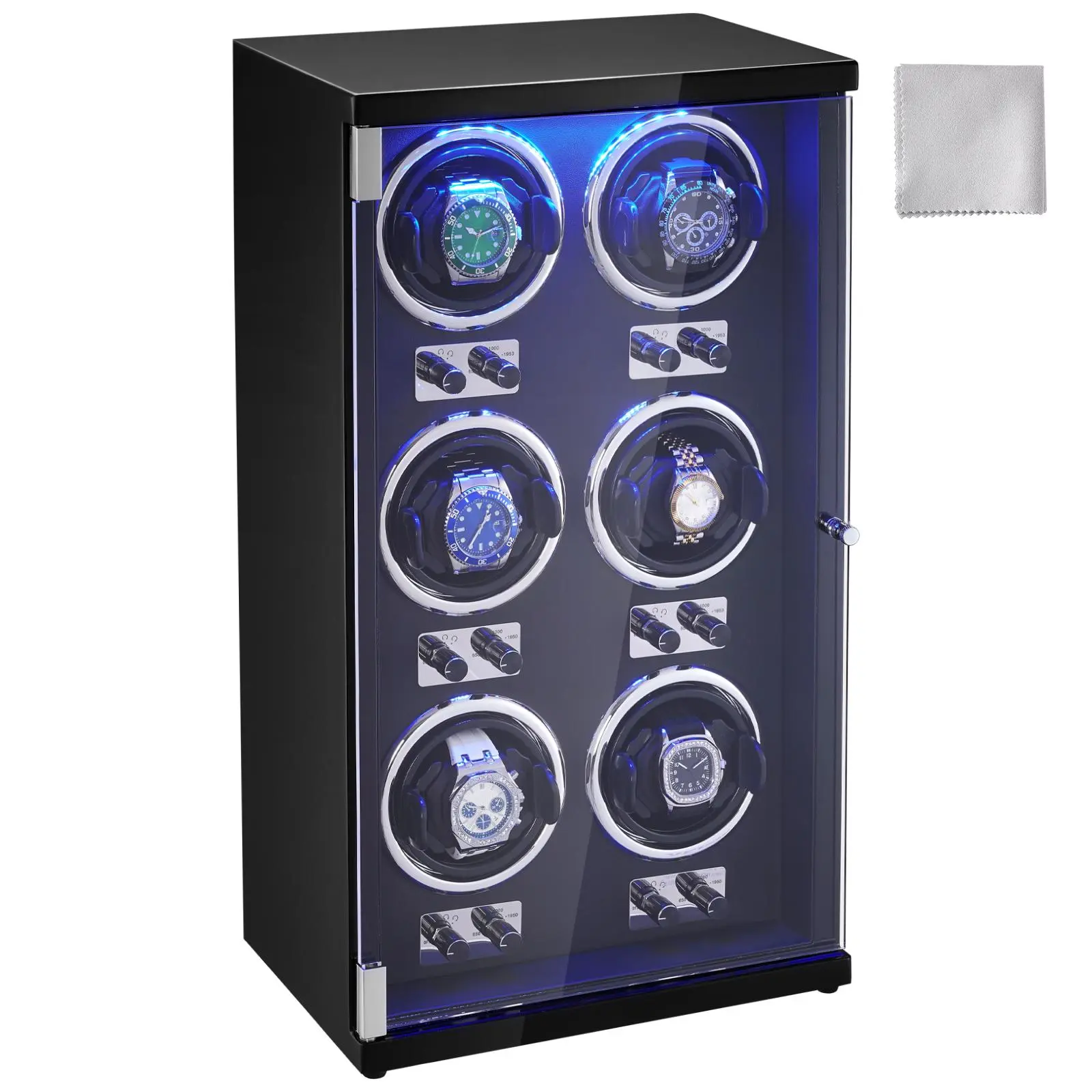 【SummerFinds】VEVOR Watch Winder,  , Watch Winder for 6 Men's and Women's Automatic Watches, with 6 Super Quiet Japanese Mabuchi Motors, Blue LED Light and Adapter, High-Density Board Shell and Black PU