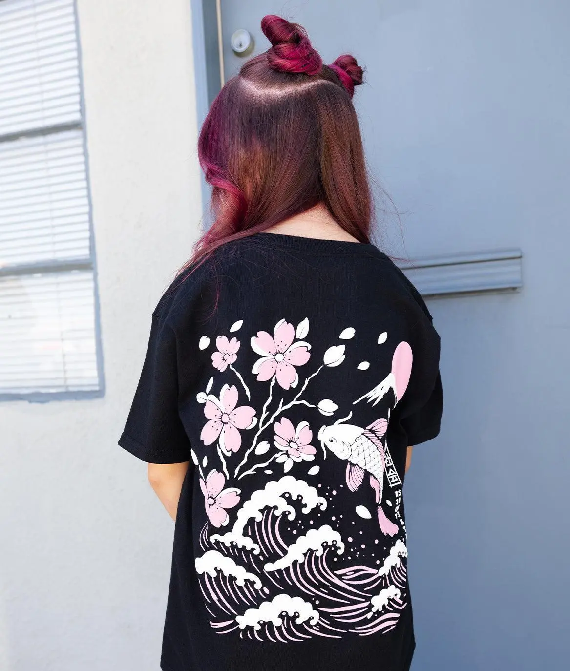 Koi Cherry Blossoms Wave Girls Tee - Black