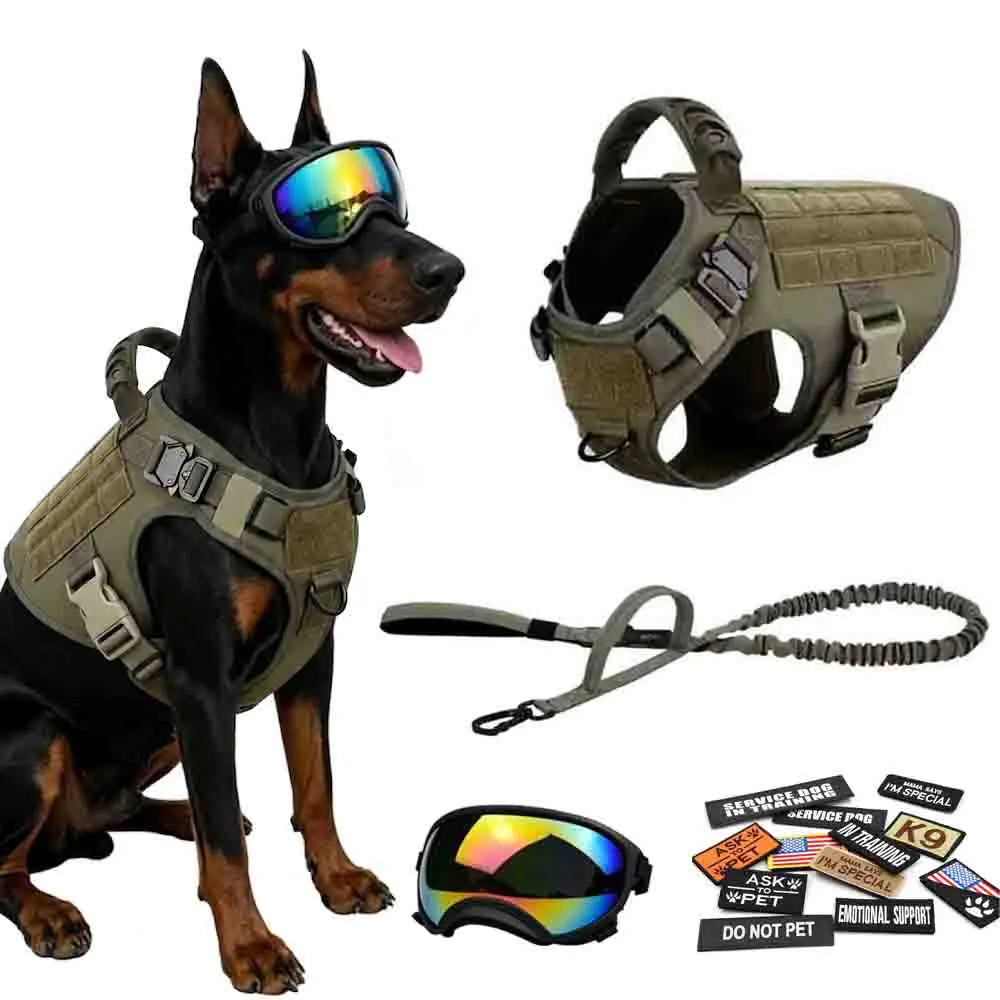 4-in-1 Dog Harness Leash Goggles Set with 12 patches for Medium to Large Dogs, Heavy Duty Adjustable Dog Vest with Handle, Outdoor Walking Gear Kit #backtoschool